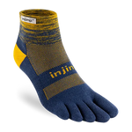 The Injinji TRAIL Midweight Mini-Crew is a blue and yellow toe sock with individual toe compartments, branded text, and a patterned design—ideal for blister prevention during trail running.