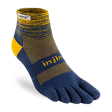 The Injinji TRAIL Midweight Mini-Crew is a blue and yellow toe sock with individual toe compartments, branded text, and a patterned design—ideal for blister prevention during trail running.
