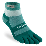 A green and gray **Injinji Trail Midweight Mini-Crew** with the brand name "Injinji" appears in a side view. These trail socks are designed for blister prevention, fitting each toe individually for optimal comfort and moisture management.