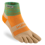 A multi-colored, ankle-length Injinji Trail Midweight Mini-Crew by Injinji with teal, orange, and tan patterns, featuring individual compartments for each toe. These trail socks are designed with moisture management in mind to offer superior blister prevention.