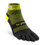 The Injinji TRAIL Midweight Mini-Crew is a black and yellow ankle-length toe sock with individual toe compartments, "injinji" logos on the cuff and foot, designed for blister prevention and moisture management.