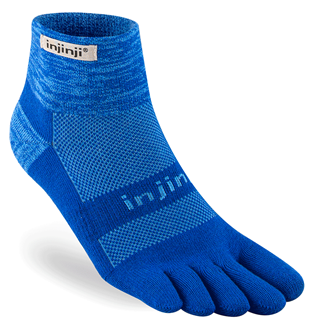 A blue, ankle-length toe sock with the brand name "Injinji" visible on the cuff and foot section, designed for optimal moisture management and blister prevention is called the Injinji Trail Midweight Mini-Crew.