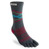 The Injinji TRAIL Midweight Crew is a gray toesock with red and blue patterns, branded "Injinji" near the top and foot. Its individual toe compartments make it ideal for trail running and blister prevention.