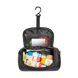 The Tatonka Care Barrel Wash Bag by Tatonka is a black hanging wash bag featuring various bottles neatly organized in compartments, a mesh pocket holding an unbreakable mirror, and a sturdy hanging hook.