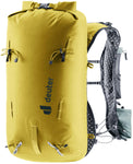 The Deuter Vertrail 16 is a yellow alpine hiking backpack featuring a roll-top closure, adjustable straps, side pockets, lightweight design, and ventilated back panel.