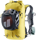The Deuter Vertrail 16 is a yellow alpine pack with a vest-style carry system, black mesh pocket for a bike helmet, multiple straps, side pouches, and a trekking pole holster—ideal for all your adventures.