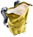 The Deuter Vertrail 16 alpine pack by Deuter is displayed open, featuring a yellow exterior with black straps and a white interior lining.