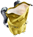 The Deuter Vertrail 16 alpine pack by Deuter is displayed open, featuring a yellow exterior with black straps and a white interior lining.