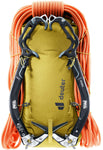 The Deuter Vertrail 16 alpine pack by Deuter features two front-mounted ice axes, an orange climbing rope coiled around it, and a trekking pole holster for versatile carrying options.