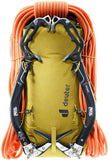 The Deuter Vertrail 16 alpine pack by Deuter features two front-mounted ice axes, an orange climbing rope coiled around it, and a trekking pole holster for versatile carrying options.