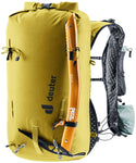 The Deuter Vertrail 16 is a yellow lightweight alpine pack with black shoulder straps, multiple compartments, adjustment straps, a vest-style carry system, and an attached orange ice axe.