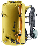 The Deuter Vertrail 16 is a yellow lightweight alpine pack with black shoulder straps, multiple compartments, adjustment straps, a vest-style carry system, and an attached orange ice axe.