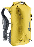 The Deuter Vertrail 16 hiking backpack features a vest-style carry system, multiple zippered pockets, adjustable padded straps, trekking pole holster, and a top roll closure, shown against a white background.