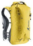 The Deuter Vertrail 16 is a yellow alpine pack featuring gray padded shoulder straps, roll-top closure, multiple adjustment cords and buckles, plus a trekking pole holster.