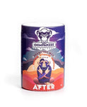 A purple container of Chimpanzee After Activity Energy Shake, featuring a chimpanzee logo and a vivid mountain landscape design, provides a vegan-friendly energy shake made with vegetable proteins.
