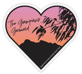 Heart-shaped Grampians Bushfire Relief Bumper Sticker featuring a silhouette of a mountain and trees with the text "the Grampians Bushfires garriwerd" and "savouring grampians bubbler red 2021 by Absolute Outdoors.