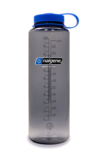 A clear Nalgene Sustain Silo Bottle 1500ML with a blue screw-top lid and volume measurements in milliliters and ounces printed on the side, made from recycled plastic bottles for a more sustainable choice.