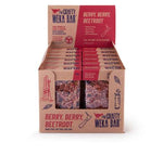 A Crafty Weka Bar Box of 12 Bars in Berry, Berry, Beetroot flavour by Crafty Weka, featuring individually wrapped bars in an open cardboard box.