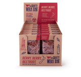 A Crafty Weka Bar Box of 12 Bars in Berry, Berry, Beetroot flavour by Crafty Weka, featuring individually wrapped bars in an open cardboard box.
