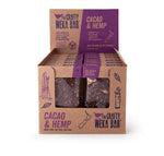 A Crafty Weka Bar Box of 12 Bars from Crafty Weka, featuring the Cacao & Hemp flavor in cardboard packaging with purple accents and individually wrapped bars.