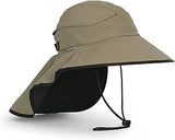 The Sunday Afternoons Derma Safe Hat is a khaki sun hat with UV protection, featuring a wide and versatile brim design, complete with a neck flap and adjustable chin strap.