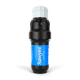 The Sawyer Squeeze Water Filtration System by Sawyer is a black portable plastic bottle with a light gray cap and a blue label.