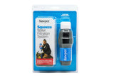 The Sawyer Squeeze Water Filtration System by Sawyer is displayed in retail packaging, featuring the portable filter and instructions against a blue background.