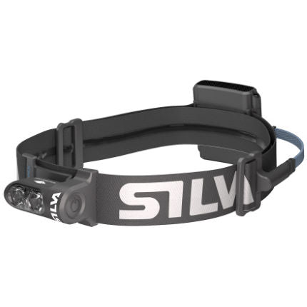 The Silva Trail Runner Free H Headlamp by Silva is a black and gray adjustable headlamp with a front light and a strap featuring the letters "LVS." It is designed for hands-free illumination, making it perfect for running. This headlamp also boasts a hybrid battery, ensuring extended use.