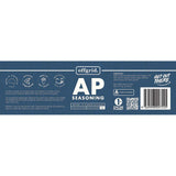 The Offgrid AP Seasoning label, featuring a blue background, showcases all-natural ingredients with spice symbols and a barcode. This Australian-made product supports sustainable initiatives through partial sales proceeds.