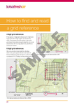 A page from "How to Navigate (3rd edition) - Caro Ryan" shows how to find and read 4- and 6-digit grid references using map diagrams for bush navigation in Australia, with a large "DRAFT" watermark across the content.