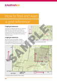 A page from "How to Navigate (3rd edition) - Caro Ryan" shows how to find and read 4- and 6-digit grid references using map diagrams for bush navigation in Australia, with a large "DRAFT" watermark across the content.