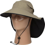 The Sunday Afternoons Derma Safe Hat, a product by Sunday Afternoons, is showcased on a mannequin head. It features a wide brim and is crafted from khaki sun fabric with UV protection, complete with a neck flap and an adjustable chin strap.