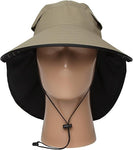 Displayed on a mannequin head, the Sunday Afternoons Derma Safe Hat in khaki offers a versatile brim design and neck flap to provide enhanced UV protection. Crafted from high-quality sun fabric, it also features an adjustable chin strap for a secure fit.