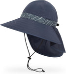 The Sunday Afternoons Shade Goddess by Sunday Afternoons is a navy blue wide-brim sun hat featuring a neck-caped silhouette and an adjustable chin strap, crafted from lightweight fabrics for optimal sun protection.