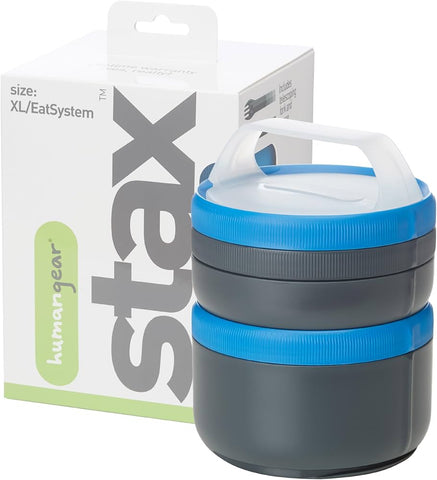 Blue-lidded stackable lunch containers in front of a Sea To Summit Humangear Stax box with green and gray text.