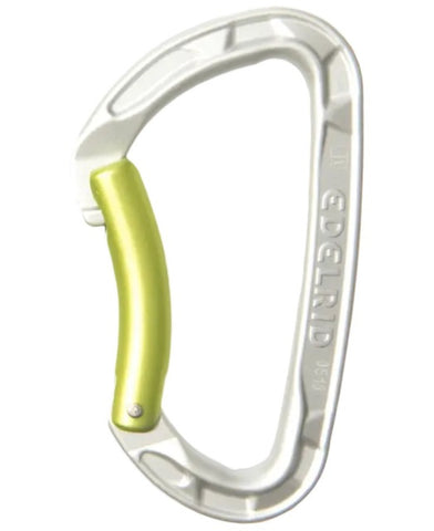 The Edelrid Pure Bent II silver carabiner, featuring a green solid gate and keylock closure, is branded "Edelrid" and shown against a white background.