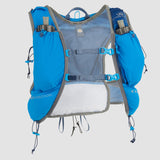 Introducing the Ultimate Direction Mountain Vest 6.0: a weather-resistant blue hydration running vest featuring multiple storage pockets, adjustable straps, and two front water bottles. Ideal for outdoor enthusiasts, it offers ample storage volume to keep all your essentials secure.