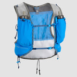 The Ultimate Direction Race Vest 6.0 by Ultimate Direction is a blue, breathable hydration vest with adjustable fit and Comfort Cinch™ 3.0, featuring multiple pockets and two water bottles in shoulder pockets for outdoor activities.