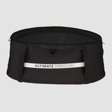 The Ultimate Direction Utility Belt is a black running belt featuring multiple storage pockets and a white logo, shown against a plain gray background.