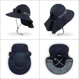 The Sunday Afternoons Shade Goddess by Sunday Afternoons is a wide-brimmed sun hat in navy, featuring an adjustable chin strap and a neck-caped silhouette for improved sun protection. It includes a patterned band and is crafted from lightweight fabrics. The hat is displayed from side, back, top, and rear views with sunglasses resting on the brim.