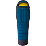 The Mont Brindabella 700 Sleeping Bag by Mont is a blue and grey mummy-style sleeping bag made from Hydronaute XT fabric, featuring a yellow pillow inside the hood, specially designed for outdoor camping. It perfectly embodies the features of the Mont Brindabella XT series.