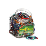 A clear plastic jar filled with multicolored 6mm Coghlan's Accessory Carabiners, ideal for the outdoor adventurer. The jar's green label features the product name and description, highlighting the vibrant anodized aluminum finish from Coghlan's.