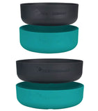 Four stackable Sea to Summit DeltaLight Bowl Sets in black and turquoise colors, featuring the "Sea to Summit" logo. Crafted from BPA-free polypropylene, these lightweight dinnerware pieces include two black bowls stacked above two turquoise ones.