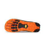 The image features the sole of the Altra Men's Lone Peak 9+ Trail Runners with a vibrant orange and black tread pattern of hexagonal and angular shapes, enhanced by durable Vibram Megagrip technology.