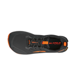 Top view of Altra Men's Lone Peak 9+ Trail Runners in black and orange with "Altra" on the insole and side, crafted with Altra EGO™ for responsive cushioning.