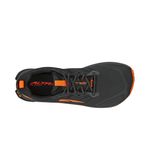 Top view of Altra Men's Lone Peak 9+ Trail Runners in dark gray with orange accents featuring a lace-up design and a textured outsole using Vibram® Megagrip for enhanced traction.