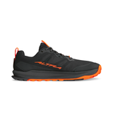 The Altra Men's Lone Peak 9+ Trail Runners are black and orange with the Altra logo on the side and an orange sole, presented against a white background. Featuring Altra EGO™ technology, these shoes enhance performance for outdoor adventures.