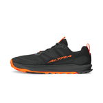 Side view of the Altra Men's Lone Peak 9+ Trail Runners in black and orange, featuring a Vibram Megagrip sole for excellent traction, with the sports logo visible.