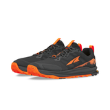 The Altra Men's Lone Peak 9+ Trail Runners combine a black and orange design with a textured Vibram® Megagrip sole, reflective accents, lace-up closure, and Altra EGO™ cushioning for responsive comfort.