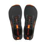 The Altra Men's Lone Peak 9+ Trail Runners are black with vibrant orange accents on the tongue and sole, complemented by brand logos. They feature Altra EGO™ for enhanced cushioning and a Vibram® Megagrip sole for superior traction.